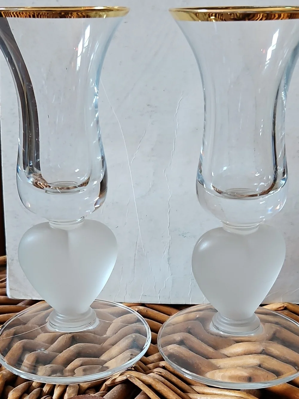 Clear Glass Vases with Frosted Heart Base and Gold Rim